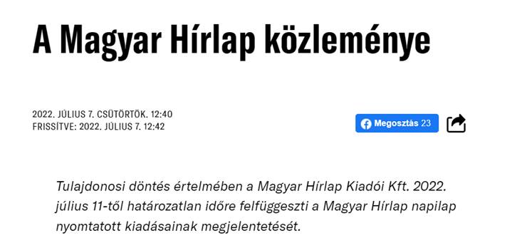 A Magyar hírlapnak is annyi! - Bizonytalan ideig nem jelenik meg nyomtatásban......